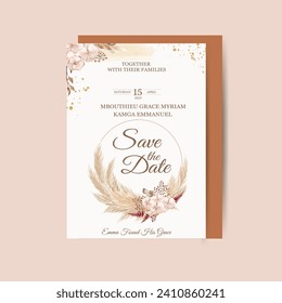 Gold Floral Wedding Card. Illustrator and designer. Wedding Invites, save the date, Birthday Invites, Video Invites, E-Cards.