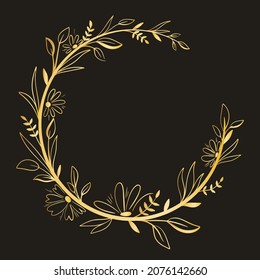 Gold floral wreath, vector illustration. Elegant luxury bezel, isolated object. Round botanical frame for congratulations or invitations.