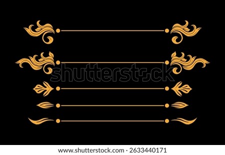 Gold Flourish Divider, Floral Scroll with Line Swirls Traditional Plant Ornaments in Baroque or Victorian Style, Golden Isolated Vector Royal Embellishment, Wedding Arrangements Set, Black Background