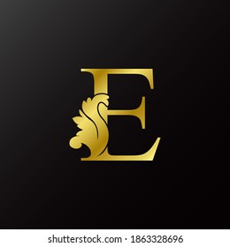Gold Flourish Letter E Decorative Logo Icon, Luxury Design Swirl Ornate Ornament  Vector Design