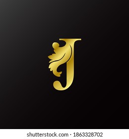 Gold Flourish Letter J Decorative Logo Icon, Luxury Design Swirl Ornate Ornament  Vector Design