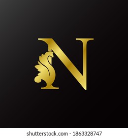 Gold Flourish Letter N Decorative Logo Icon, Luxury Design Swirl Ornate Ornament  Vector Design