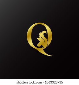 Gold Flourish Letter Q Decorative Logo Icon, Luxury Design Swirl Ornate Ornament  Vector Design