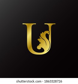 Gold Flourish Letter U Decorative Logo Icon, Luxury Design Swirl Ornate Ornament  Vector Design