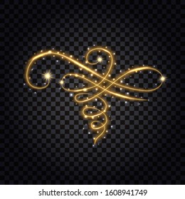 Gold flourish with light glowing effect. Design element isolated for decoration, golden glitter, neon shine, stars and luminous dust sparkles. Vector illustration