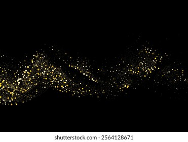 Gold flow wave of particles on black background. Gold glitter confetti