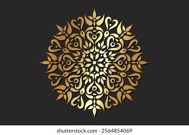 Gold Flower art mandala pattern design, floral decorative element. Wallpaper Paint Stencil Design Textures. Luxury circle ornament in ethnic oriental style, vector isolated on black background 