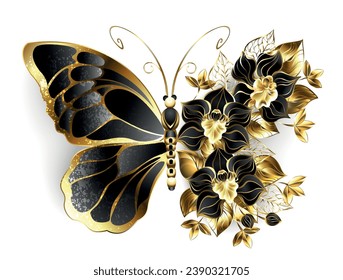 Gold flower butterfly with black jewelry orchid, decorated with gold leaves on white background. hand drawn vector art