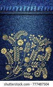 Gold flower embroidery design. Embroidery ethnic floral jeans line or short floral blooming for fashion wearing. Flowers on blue denim texture background. Jeans pattern. Dark blue jeans cloth. Vector.