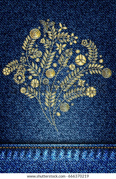 dark blue jeans with gold stitching