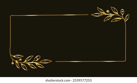 Gold flower frame. Floral botanical border, wreath with branches, leaves and flowers. Line art. Isolated on black background. For wedding invitation, card, logo, label.  Hand drawn. Elegant luxury .
