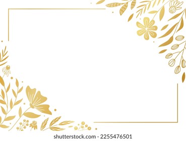 Gold flower frame. Poster or banner for website, luxury and wealth. Aesthetics and elegance. Place for text and presentation. Template, layout and mock up. Cartoon flat vector illustration