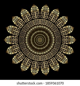 Gold flower. Greek style round mandala pattern. Tribal ethnic vector background. Ornamental backdrop. Greek key, meanders golden ornament. Surface 3d luxury design. For decoration, fabric, card, print