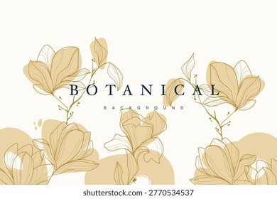 Gold Flower hand drawn background. Natural botanical elegant poppy floral with gold line art. Luxury illustration.