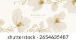 Gold Flower hand drawn on white background vector. Natural botanical elegant poppy floral with gold line art. Luxury illustration for decoration, wall decor, wallpaper, cover, banner, package, card.