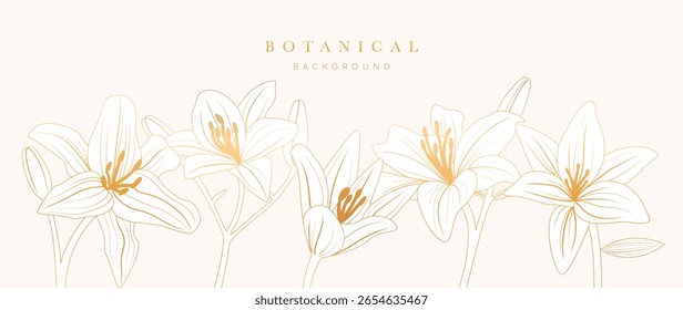 Mão de flor de ouro desenhado no vetor de fundo branco. Natural botânico elegante lírio floral com linha de ouro arte. Ilustração de luxo para decoração, decoração de parede, papel de parede, capa, banner, pacote, cartão.