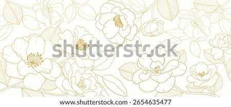 Gold Flower hand drawn on white background vector. Natural botanical elegant peony floral with gold line art. Luxury illustration for decoration, wall decor, wallpaper, cover, banner, package, card.