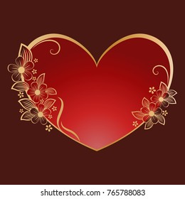 Gold flower heart shaped frame with red copy space. Valentine's day card. Vector illustration.