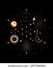  Gold flower of life art  - visualization of sacred geometry vector templates - vector concept of mystic celestial symbols