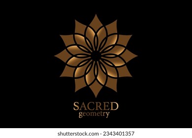 Flor de oro de la mandala de vida de la geometría sagrada antigua. Símbolos vectoriales y elementos. Alquimia, religión, filosofía, astrología y espiritualidad. Icono del logotipo dorado aislado en fondo negro