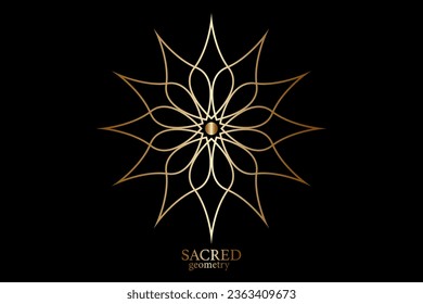 Gold Flower of life mandala of sacred ancient geometry. Vector symbols and elements. Alchemy, religion, philosophy, astrology and spirituality themes. Golden Logo icon isolated on black background