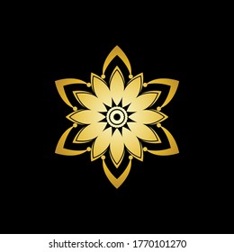 Gold Flower Mandala Logo Vector in Elegant Style with Black Background
