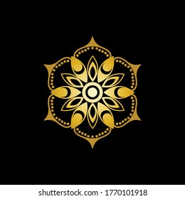 Vector con el logotipo de Mandala de flores de oro en un estilo elegante con fondo negro