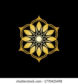 Vector con el logotipo de Mandala de flores de oro en un estilo elegante con fondo negro