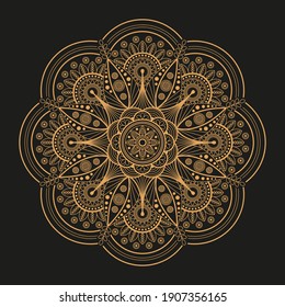 Gold Flower Mandala on black background. Abstract ornament for decorations. Ethnic oriental style. Vector illustration. 