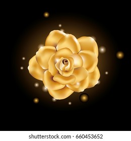 Gold flower on black background. Golden flowers for shine, light, bright design. Sparkle background for wedding, birthday, fashion, celebration, award, anniversary. Beauty salon beautiful logotype