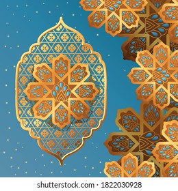 gold flower on blue background design of Bohemic ornament indian and decoration theme Vector illustration