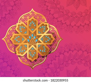 gold flower on pink with mandalas background design of Bohemic ornament indian and decoration theme Vector illustration