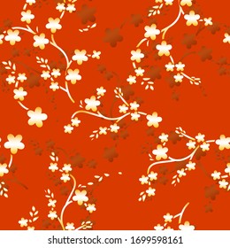 Gold flower on red background - retro style chinese parttern seamless. Vector.