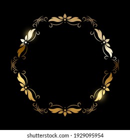 Gold flower pattern circle frame on black background. Round floral decorative golden ornament border vector illustration. Simple vintage card for wedding celebration invitation.