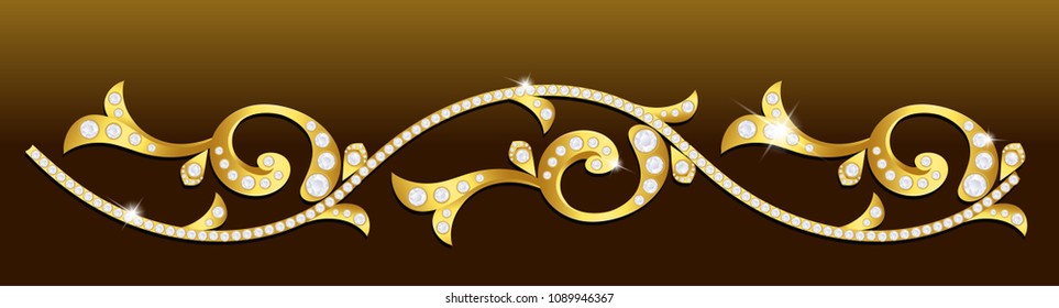 Gold flower pattern and diamond with shadow on dark background. Vector illustration.