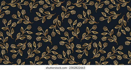 Gold Flower Pattern with Hand Drawn Style. Seamless Exotic Floral Pattern for Fashion, Wallpaper, Wrapping Paper, Background, Fabric, Textile, Apparel, and Card Design