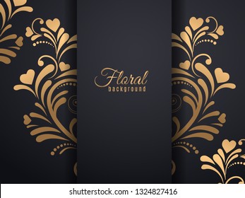 Gold flower pattern and heart with shadow on dark background. Vector illustration.