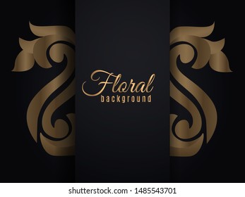 Gold flower pattern and heart with shadow on dark background. Vector illustration.