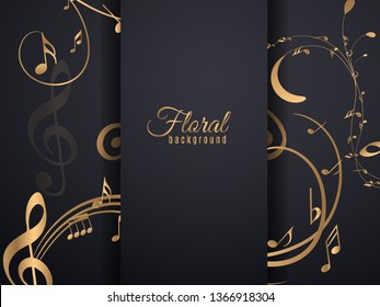 Gold flower pattern and music note with shadow on dark background. Vector illustration.