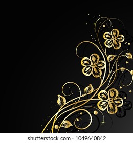 Gold flower pattern with shadow on dark background. Vector illustration.