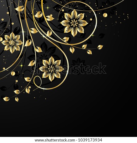 Gold flower pattern with shadow on dark background. Vector illustration.