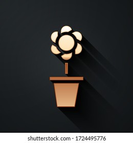 Gold Flower in pot icon isolated on black background. Plant growing in a pot. Potted plant sign. Long shadow style. Vector Illustration