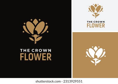 Gold Flower royal tiara queen crown, golden luxury classic rose plant logo design