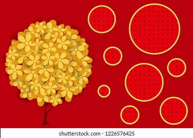 Gold Flower tree on the red background. Design for Chinese New Year. Vector illustration EPS10