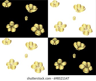 Gold flower vector set on black background,Sakura vector Gold.