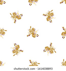 Gold flowers background. Vector glitter textured seamless pattern with flowers bouquet 