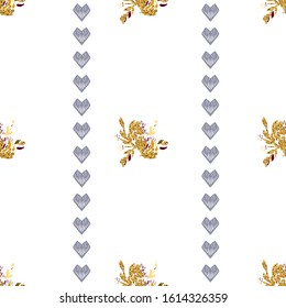Gold flowers background. Vector glitter textured seamless pattern with flowers bouquet 