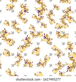 Gold flowers background. Vector glitter textured seamless pattern with flowers bouquet 