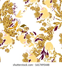 Gold flowers background. Vector glitter textured seamless pattern with flowers bouquet surface design