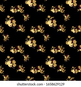 Gold flowers background. Vector glitter textured seamless pattern with flowers bouquet.